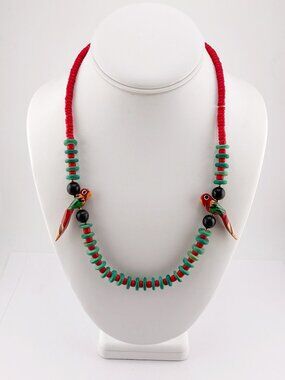 VINTAGE Red and green wooden parrot beaded necklace w/ handpainted beads jewelry